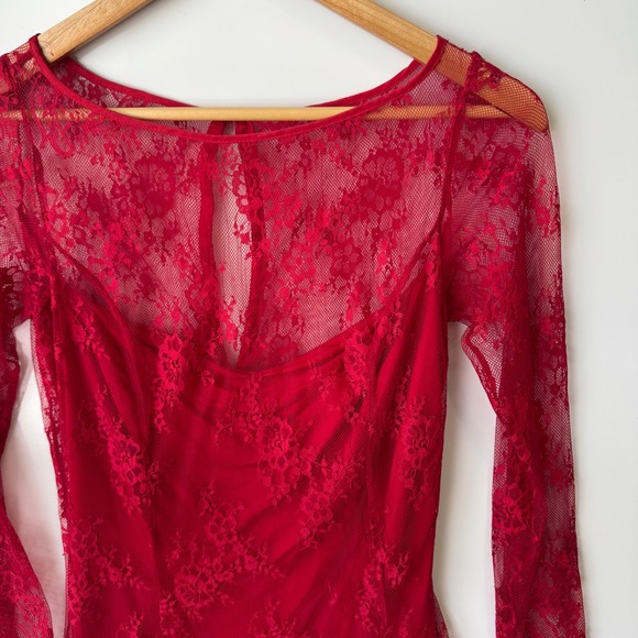 MNG Collection Lace Mini Dress Long Sleeve Button Back‎ Red Size 6 - Picture 7 of 7